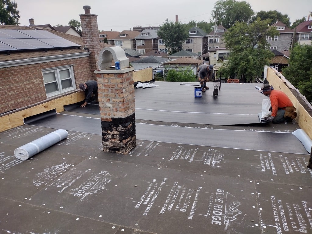 GWO roofing crew installing membrane on a Chicago flat roof
