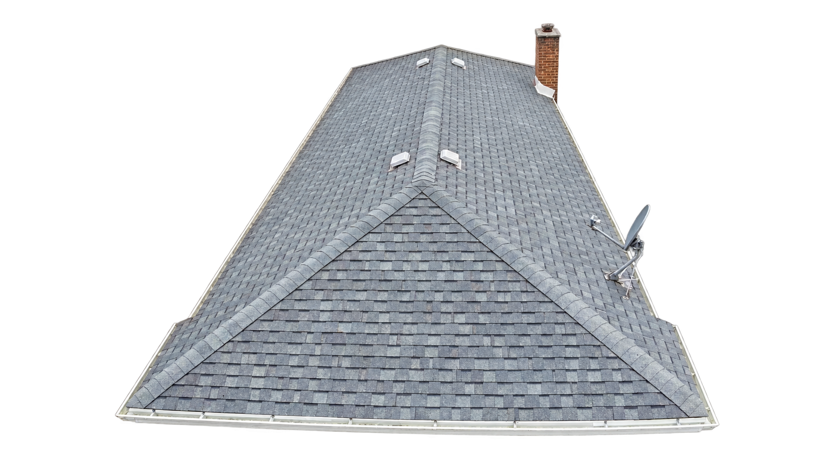 Completed Michigan Avenue residential shingle roof isolated to show the roof field, ridge and edge